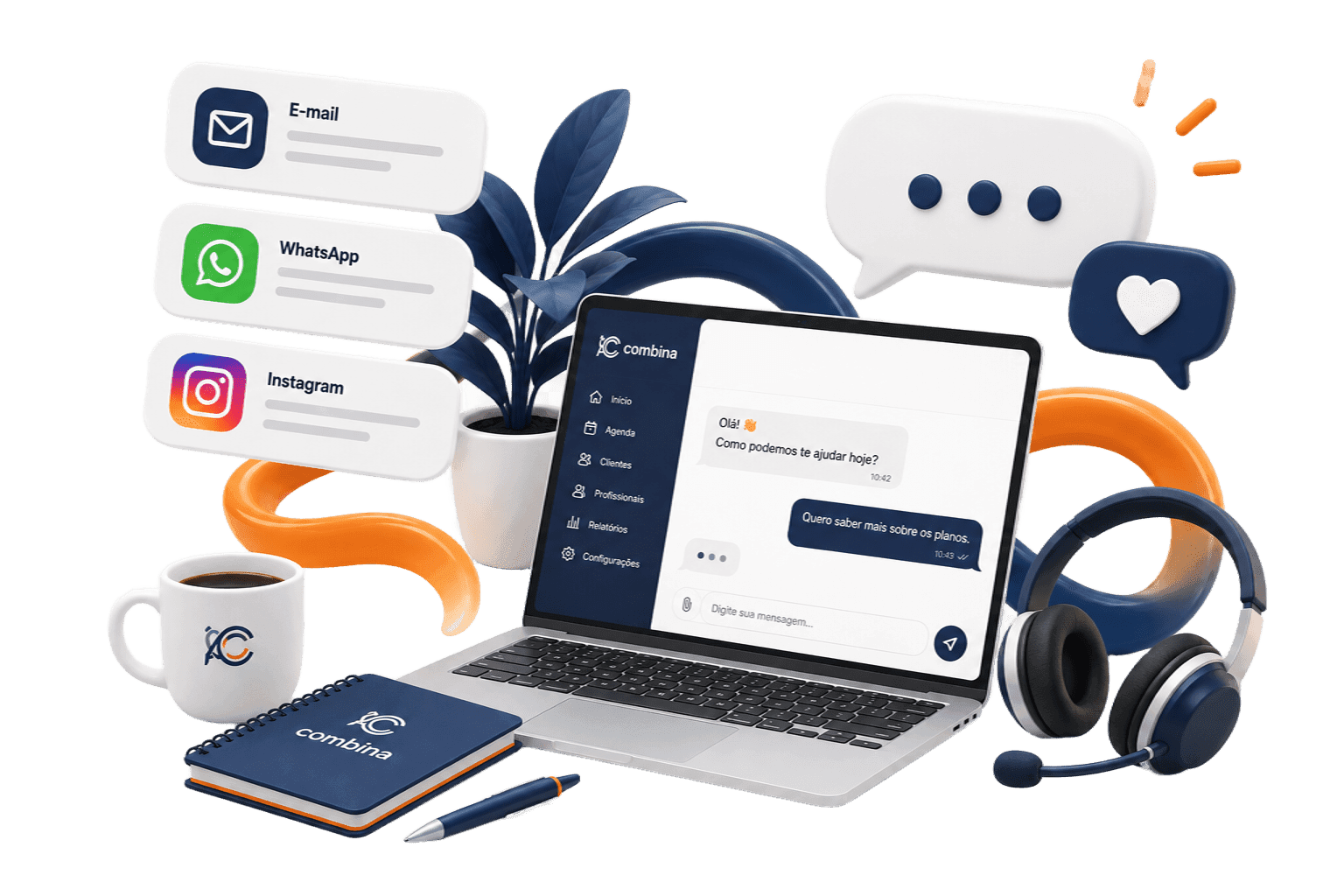 Canais de atendimento do Combina: e-mail, WhatsApp, Instagram e chat