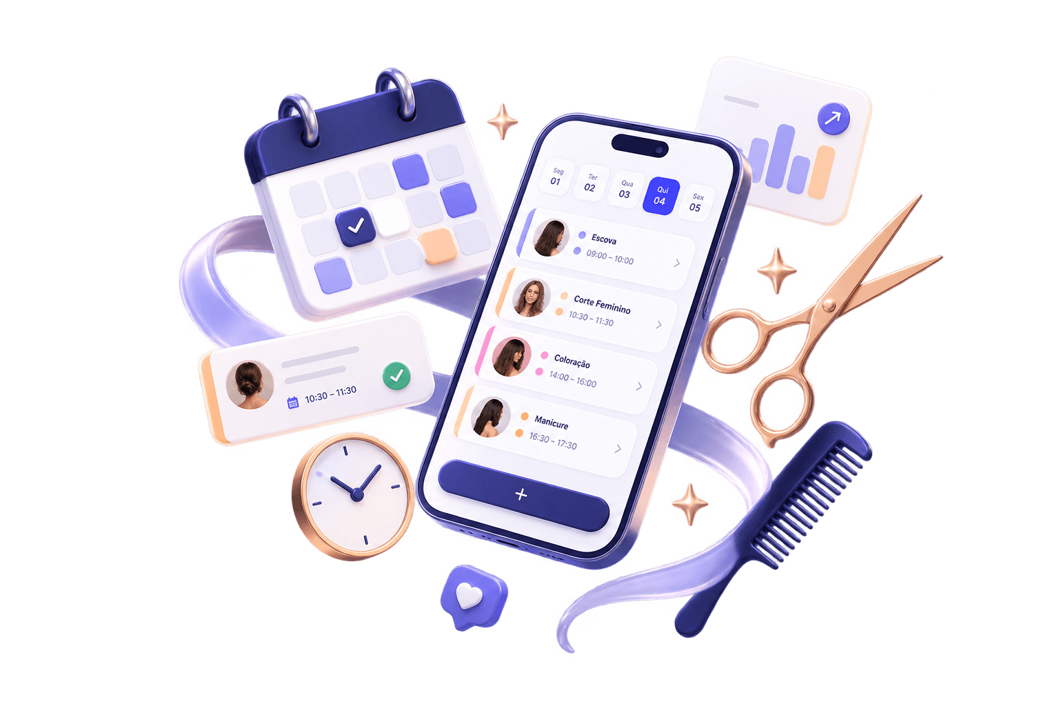 Agenda do salão no celular, com serviços e horários do dia